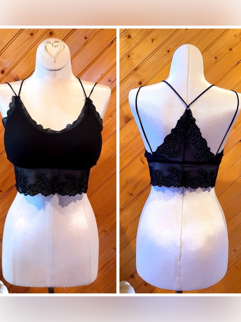 Anemone Black Lace Ribbed Padded Bralette Strappy Racerback M/L NWOT